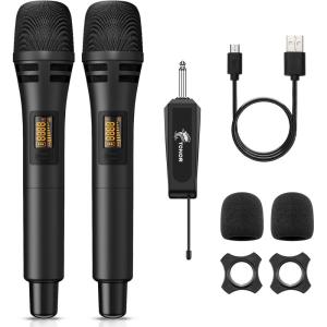 imageTONOR 4 Wireless Microphones with Rechargeable Receiver 4x10 Channel UHF Cordless Mics with Volume Control Handheld Dynamic Mic System for Church Singing Karaoke Wedding 200ft TW361Dual Mic Black