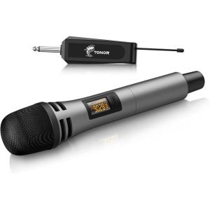 imageTONOR 4 Wireless Microphones with Rechargeable Receiver 4x10 Channel UHF Cordless Mics with Volume Control Handheld Dynamic Mic System for Church Singing Karaoke Wedding 200ft TW361Single Mic Grey