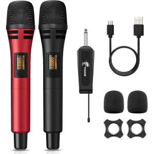 imageTONOR 4 Wireless Microphones with Rechargeable Receiver 4x10 Channel UHF Cordless Mics with Volume Control Handheld Dynamic Mic System for Church Singing Karaoke Wedding 200ft TW361Dual Mic Black Red