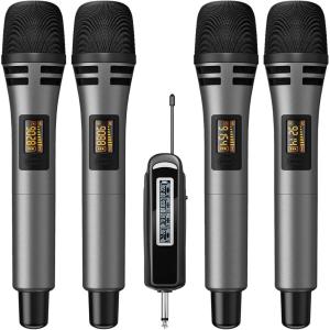 imageTONOR 4 Wireless Microphones with Rechargeable Receiver 4x10 Channel UHF Cordless Mics with Volume Control Handheld Dynamic Mic System for Church Singing Karaoke Wedding 200ft TW3614 Mic Grey
