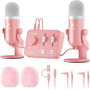 imageTONOR ASMR Microphone Equipment Bundle With Audio Interface Immersive 3D Stereo Dual Condenser Mics With Mixer Clear Sound Volume Control Furry Windscreens Set for ASMR PinkPink