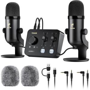 imageTONOR ASMR Microphone Equipment Bundle With Audio Interface Immersive 3D Stereo Dual Condenser Mics With Mixer Clear Sound Volume Control Furry Windscreens Set for ASMR PinkBlack