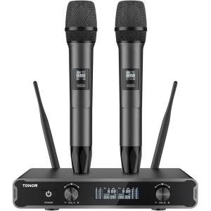 imageTONOR Dual Wireless Microphone Systems UHF Cordless Karaoke Microfono Set Metal Handheld Dynamic Mic 200ft for Singing with Receiver for Karaoke DJ Party Church Wedding Speech PA TW450 GreyGreyGrey