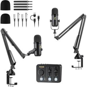 imageTONOR Podcast Equipment Bundle Audio Mixer with Dynamic Microphone and Boom Arm Set XLR Mic with Studio Audio Interface Desk Mic Arm AllinOne Pack for Recording Podcasting Streaming POD1POD2