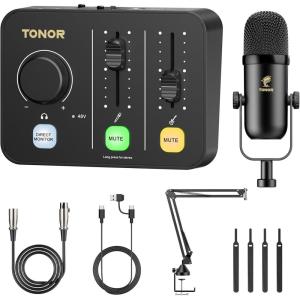 imageTONOR Podcast Equipment Bundle Audio Mixer with Dynamic Microphone and Boom Arm Set XLR Mic with Studio Audio Interface Desk Mic Arm AllinOne Pack for Recording Podcasting Streaming POD1POD 1