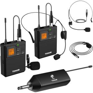 imageTONOR UHF Wireless Microphone System with Dual Headset MicrophonesLavalier Lapel Mics Bodypack Transmitters Mini Rechargeable Receiver 2x15 Channels 200ft Range for Recording Speech PA Speaker2 Bodypack Mics