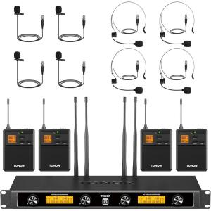 imageTONOR UHF Wireless Microphones System with HeadsetLavalier Lapel Mics Bodypack Transmitter Receiver 215 Channels 200ft Range for Live Singing Karaoke Church Party DJ PA Speaker Mixer Recording4 bodypack mics