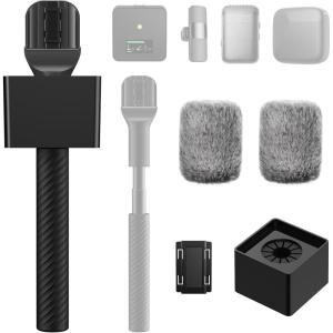 imageTONOR Wireless Mic Handle Compatible with DJI RODE Hollyland Adjustable length Microphone Stand for ALL Lavalier Mic Channel Flag Box Rubber Grip Wind Muff for Vlog Reports Interview TP40
