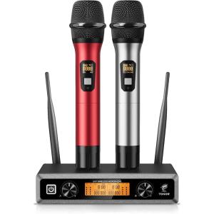 imageTONOR Wireless Microphone System 12Channel UHF Cordless Mic 8 Handheld Metal Dyanmic Mic with Receiver 295ft Range 8x12 UHF Frequencies Mic Mute Ideal for Church Singing Karaoke Rehearse TW880Silver  Red