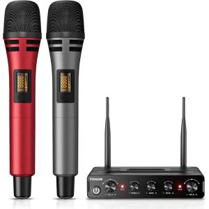 imageTONOR Wireless Microphone Systems Dual UHF Cordless Karaoke Microphone Set Handheld Dynamic Mic Microfono for Singing with Receiver for Karaoke DJ Party Church Wedding Speech PA TW350 Red