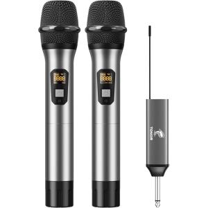 imageTONOR Wireless Microphones UHF Dual Cordless Metal Dynamic Mic System with Rechargeable Receiver for Karaoke Singing Wedding DJ Party Speech Church Class Use 200ft TW630 SilverSilver