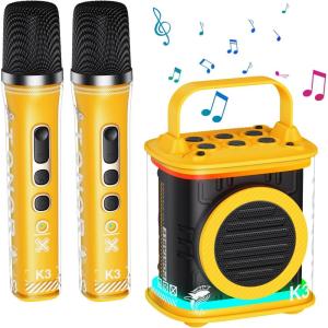 imageMini Karaoke Machine with 2 Wireless Microphones TONOR Portable Bluetooth Karaoke Speaker for Kids Adults with Microfono Mic and Colorful LED Lights Girls Boys Present Child Home Singing Party BeigeYellow