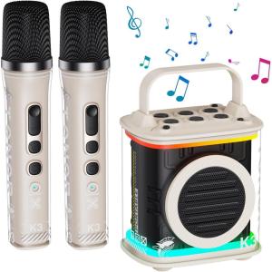 imageMini Karaoke Machine with 2 Wireless Microphones TONOR Portable Bluetooth Karaoke Speaker for Kids Adults with Microfono Mic and Colorful LED Lights Girls Boys Present Child Home Singing Party BeigeBeige