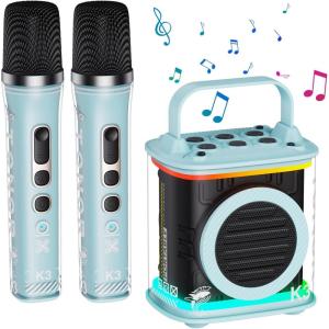 imageMini Karaoke Machine with 2 Wireless Microphones TONOR Portable Bluetooth Karaoke Speaker for Kids Adults with Microfono Mic and Colorful LED Lights Girls Boys Present Child Home Singing Party BeigeLight Blue