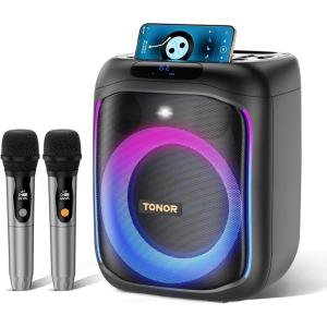 imageTONOR Karaoke Machine for Adults Portable Bluetooth Singing PA Speaker System with 2 Wireless Microphones and RGB LED Lights Supports BTAUXUSBTF Card for Party Home Karaoke OutdoorIndoor K6K6 Black