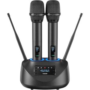 imageTONOR Rechargeable Wireless Microphone Metal Dual UHF Handheld Microphone System Cordless Mic with Bluetooth Receiver UHF 262ft Range for Home Karaoke Church Party DJ Wedding TW790 Dark Grey