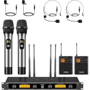 imageTONOR UHF Wireless Microphones System with Metal Cordless HandheldHeadsetLavalier Lapel Mics Bodypack Transmitter Receiver 410 Channels 295ft Range for Singing Karaoke Church Party DJ PA Speaker2 Handheld  2 Bodypack Mics