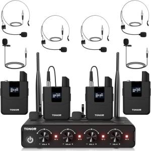 imageTONOR Wireless Microphone System 4  10Channel UHF Cordless Handheld Mic Set with HeadsetLavalier Lapel Mics Bodypack Transmitter Receiver 200ft Range for Karaoke Singing Church DJ PA Speaker4 Bodypack Mics