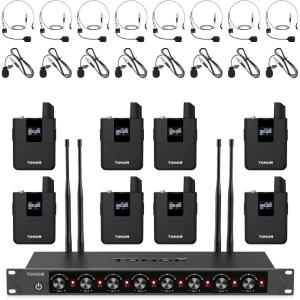 imageTONOR Wireless Microphone System 4  10Channel UHF Cordless Handheld Mic Set with HeadsetLavalier Lapel Mics Bodypack Transmitter Receiver 200ft Range for Karaoke Singing Church DJ PA Speaker8 Bodypack Mics