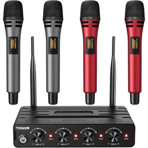 imageTONOR Wireless Microphone System 4  10Channel UHF Cordless Handheld Mic Set with HeadsetLavalier Lapel Mics Bodypack Transmitter Receiver 200ft Range for Karaoke Singing Church DJ PA Speaker4 Handheld Mics GreyRed