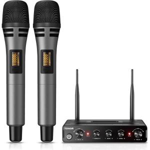 imageTONOR Wireless Microphone Systems Dual UHF Cordless Karaoke Microphone Set Handheld Dynamic Microfono for Singing with Receiver for Home Karaoke Party Church DJ Wedding Speech 200ft TW350 Grey