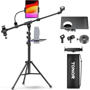 imageTONOR Microphone Stand with Tablet Holder Cup Tray Extra Weights Tripod Boom Arm for Floor Adjustable Height and Angle Heavy Duty Stand with Carrying Bag Pad Clamp Compatible with Yeti T35Mic Stand with Tray