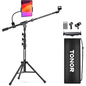 imageTONOR Microphone Stand with Tablet Holder Cup Tray Extra Weights Tripod Boom Arm for Floor Adjustable Height and Angle Heavy Duty Stand with Carrying Bag Pad Clamp Compatible with Yeti T35Mic Stand